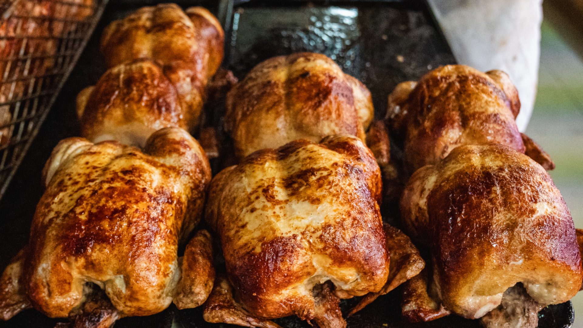 Golden roasted whole birds fresh from the Stoltzfus Poultry ovens